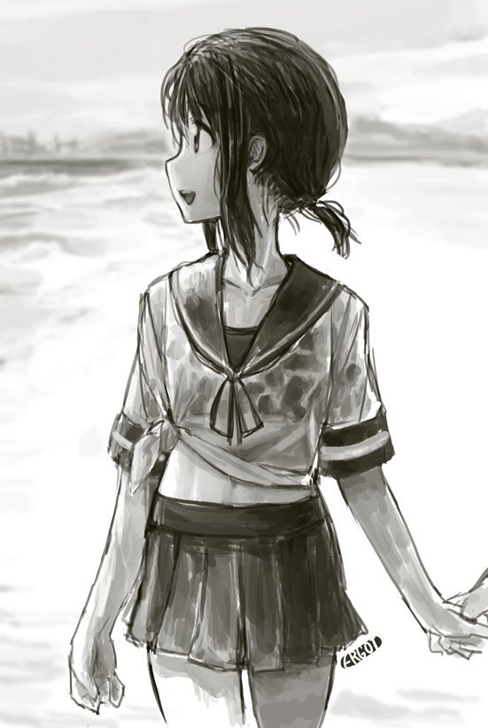 1girl artist_name beach ergot fubuki_(kantai_collection) greyscale hill kantai_collection looking_to_the_side midriff monochrome navel ocean open_mouth out_of_frame shirt short_ponytail sketch sky smile solo_focus tied_shirt walking water wet wet_clothes wet_hair