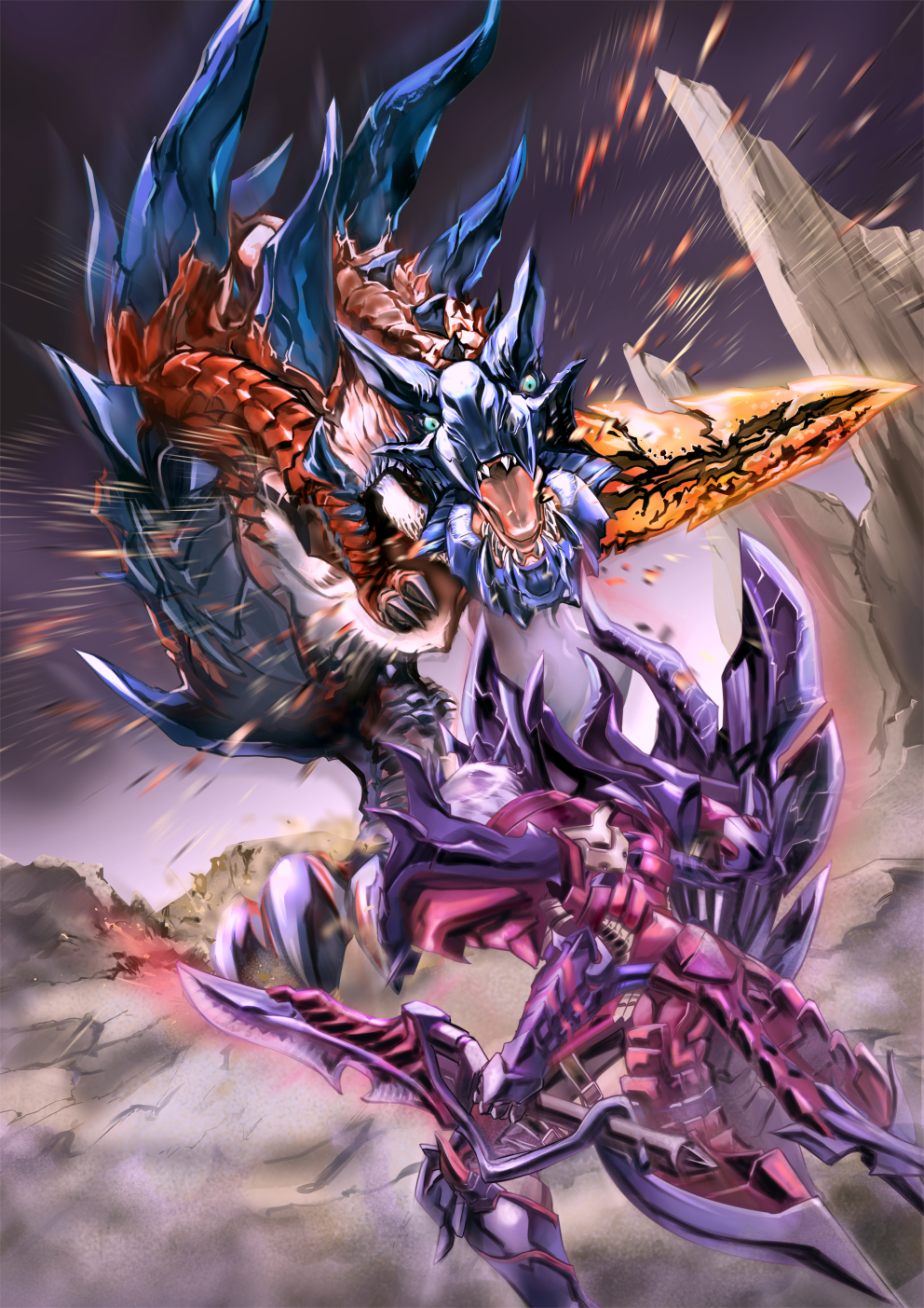 1girl aqua_eyes armor battle capcom charge_blade claws from_behind gateofrage gauntlets glavenus glavenus_(armor) highres holding holding_shield holding_sword holding_weapon jaw knight monster monster_hunter monster_hunter_x roaring sharp_teeth shield spikes sword tail teeth weapon wyvern