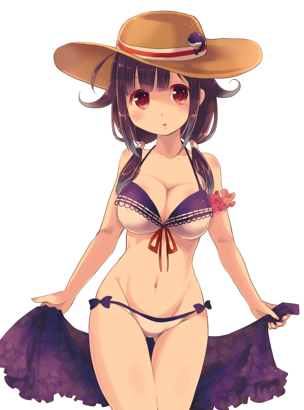 1girl ahoge aikawa_ruru arm_garter bangs bare_arms bare_shoulders bikini blunt_bangs blush bow breasts brown_hat cleavage collarbone colored_eyelashes frills hair_tie hat hat_ornament highres holding kantai_collection long_hair looking_at_viewer low_twintails md5_mismatch medium_breasts navel purple_bow purple_hair red_eyes sarong_removed simple_background stomach swimsuit taigei_(kantai_collection) tareme thigh_gap thighs twintails whale_ornament white_background white_bikini