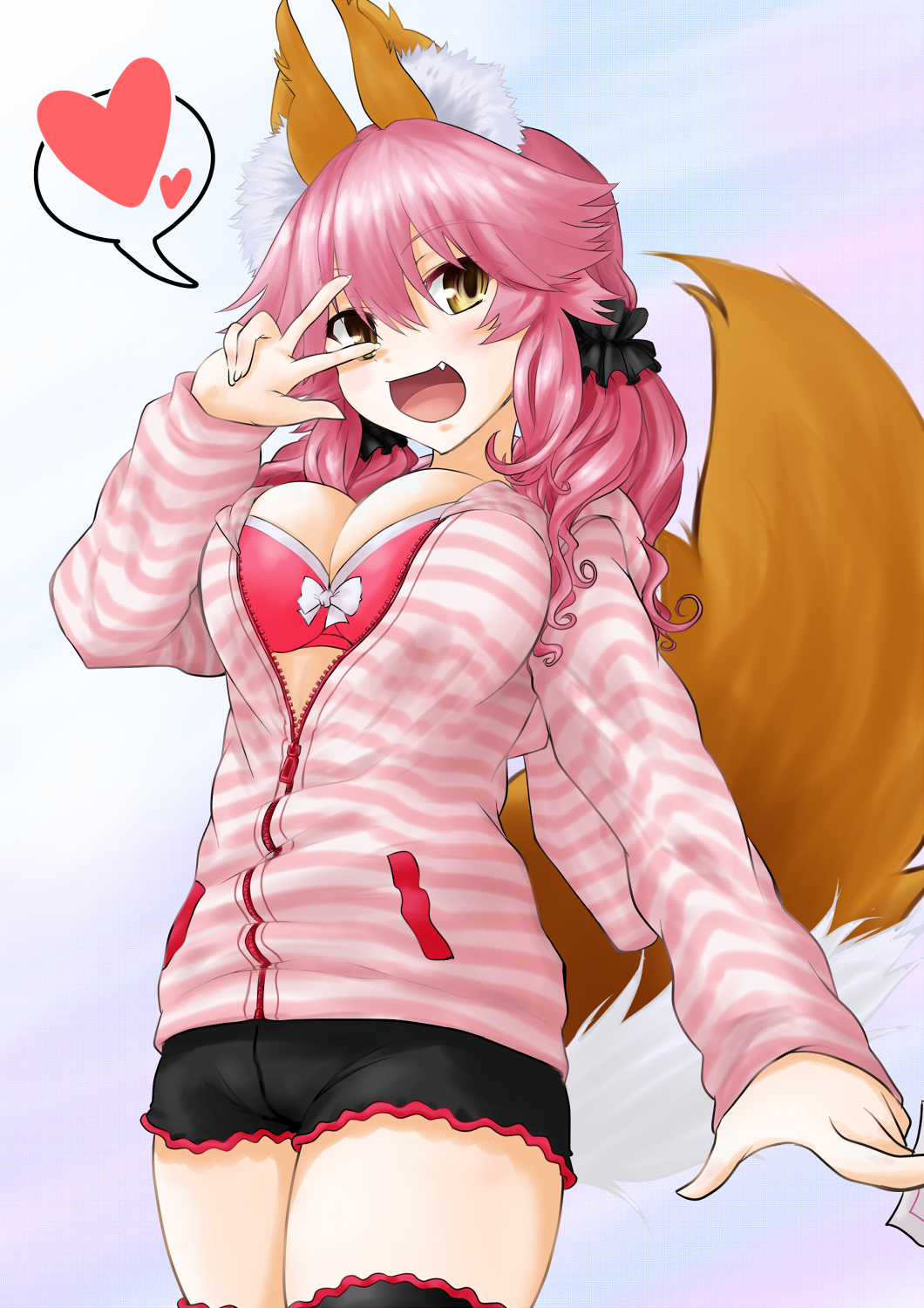 1girl animal_ears black_legwear blush bra breasts caster_(fate/extra) cleavage fang fate/extra fate/extra_ccc fate/grand_order fate_(series) fox_ears fox_tail gradient gradient_background heart highres large_breasts open_mouth pink_bra pink_hair solo speech_bubble tail underwear yellow_eyes