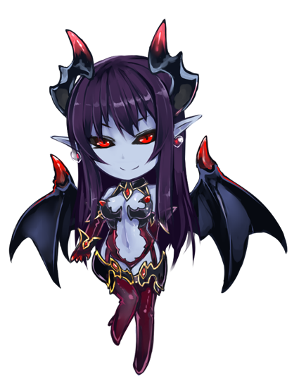 1girl black_sclera blue_skin blush breasts chibi cleavage demon_(monster_girl_encyclopedia) demon_girl demon_horns demon_tail horns large_breasts long_hair looking_at_viewer monster_girl monster_girl_encyclopedia navel pointy_ears purple_hair qnu9o8 red_eyes smile solo tail thigh-highs wings