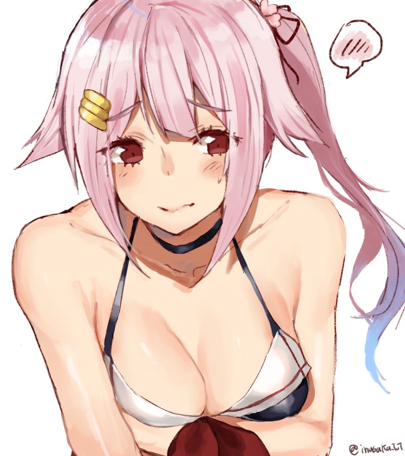 1girl amakaze blush breasts closed_mouth eyebrows_visible_through_hair hair_ornament hairclip harusame_(kantai_collection) kantai_collection large_breasts long_hair looking_at_viewer multicolored multicolored_clothes multicolored_swimsuit pink_hair ponytail red_eyes simple_background solo swimsuit white_background