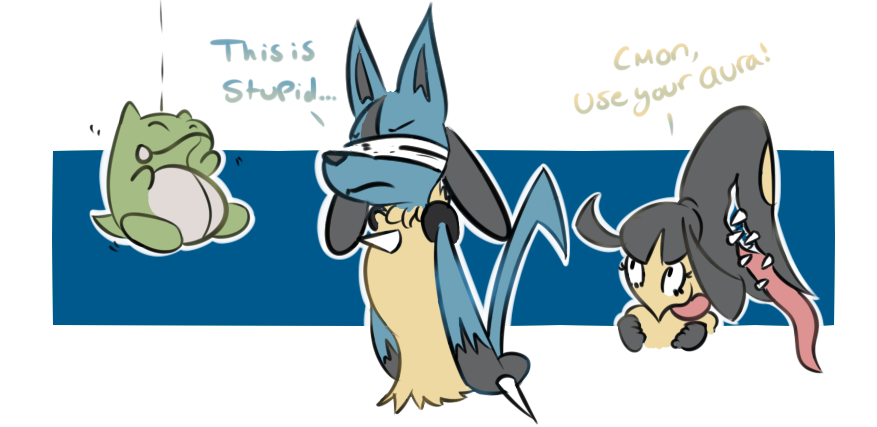 1boy 1girl blindfold lucario mawile no_humans pokemon substitute tongue tongue_out