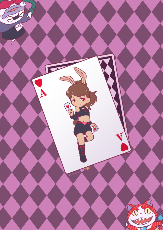 1girl ace_of_hearts alice_in_wonderland animal_ears boots brown_hair bunny_mint bunny_mint_(cosplay) bunny_tail card cat cheshire_cat cheshire_cat_(cosplay) choker closed_eyes cosplay ghost half-closed_eyes haramaki hat heart high_ponytail jibanyan kemonomimi_mode kodama_fumika long_hair looking_at_viewer mad_hatter mad_hatter_(cosplay) midriff mochi-iri_kinchaku navel notched_ear open_mouth parted_lips playing_card purple_lips rabbit_ears red_eyes sharp_teeth shorts tail teeth top_hat twitter_username whisper_(youkai_watch) youkai youkai_watch