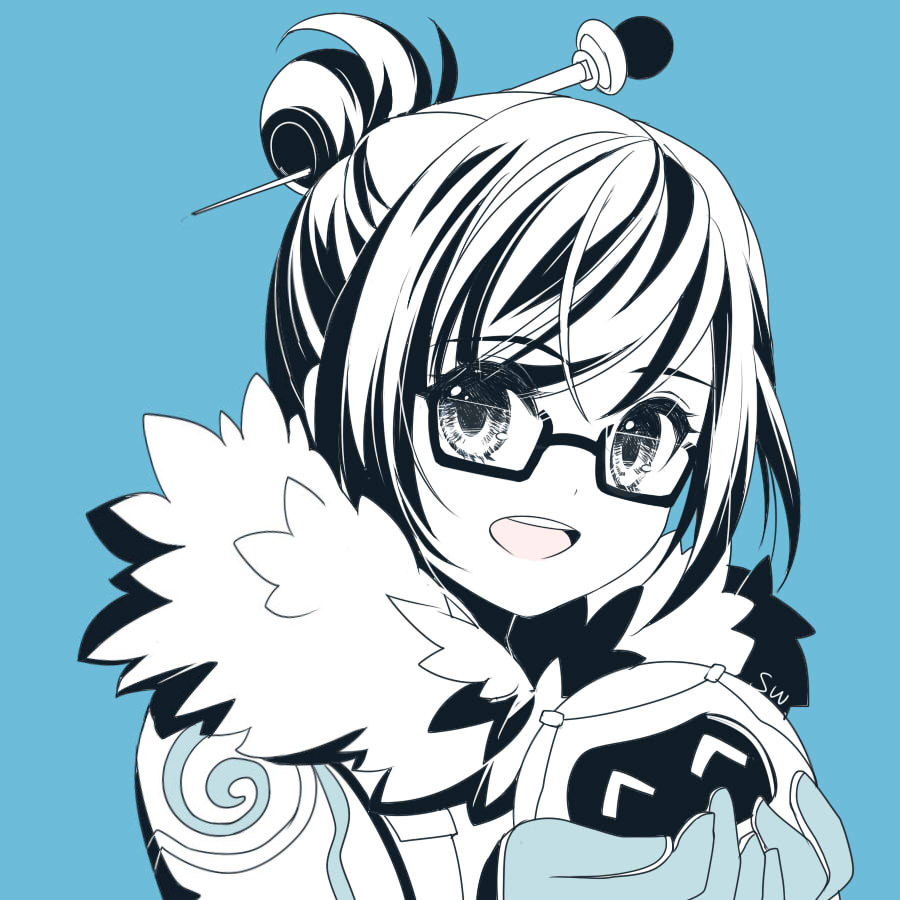 1girl atobesakunolove blue_background glasses hair_bun hair_ornament hair_stick looking_at_viewer mei_(overwatch) monochrome open_mouth overwatch portrait short_hair simple_background smile solo