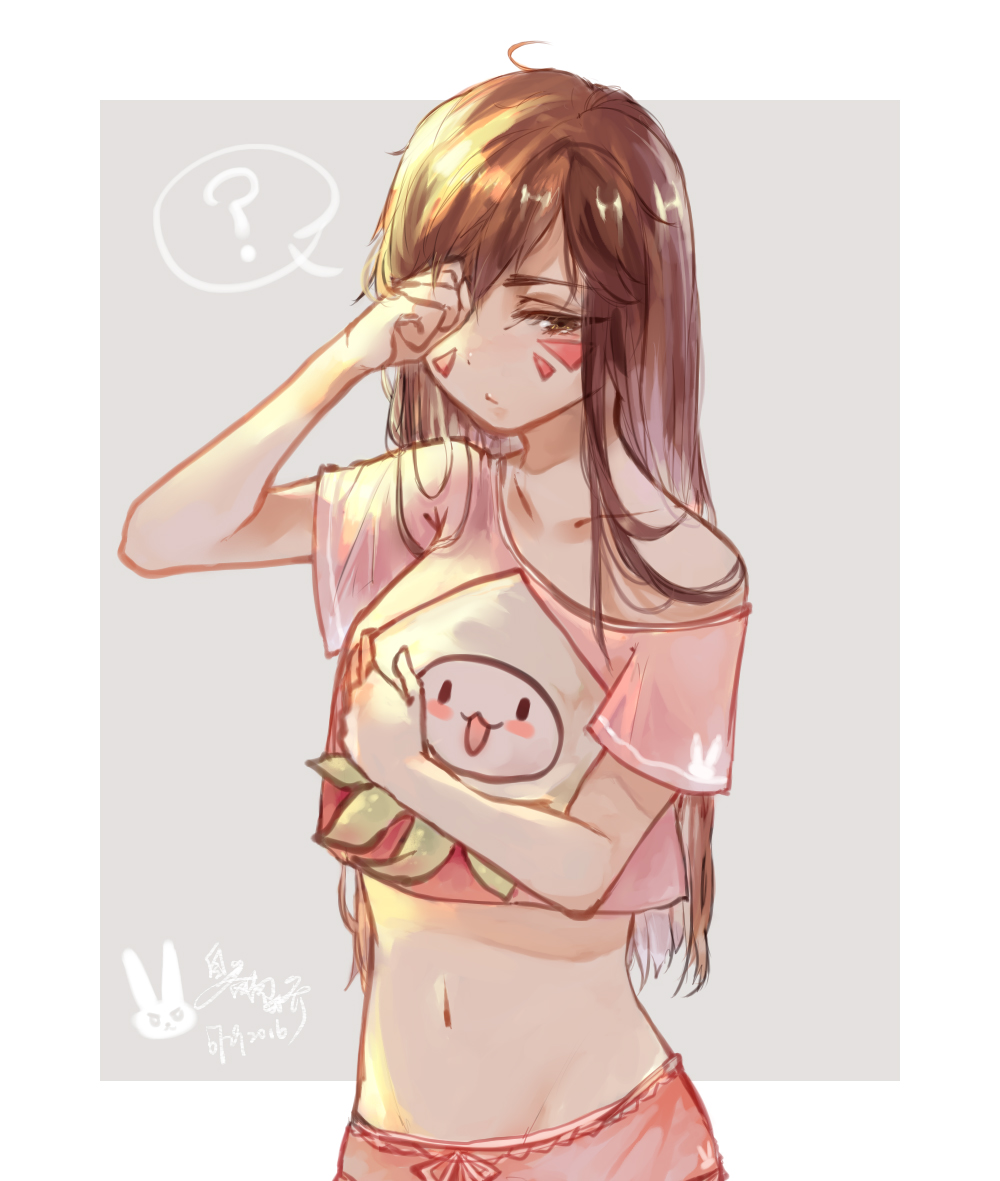 1girl 2016 ? bangs bare_shoulders blush blush_stickers brown_eyes brown_hair bunny_print collarbone cowboy_shot d.va_(overwatch) dated facepaint facial_mark groin hand_up holding_stuffed_animal long_hair midriff navel off_shoulder open_mouth overwatch rubbing_eyes shirt short_shorts short_sleeves shorts signature sleepy solo spoken_question_mark stuffed_animal stuffed_octopus stuffed_toy swept_bangs whisker_markings