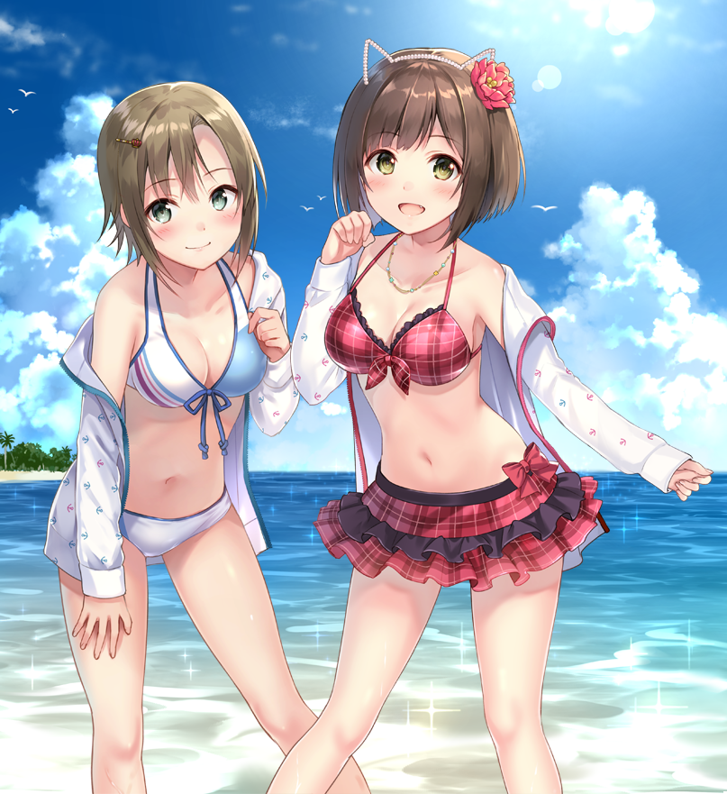 2girls :d animal_ears asterisk_(idolmaster) bare_shoulders bikini bird blue_bikini blush breasts brown_hair cat_ears closed_mouth collarbone eyebrows eyebrows_visible_through_hair fake_animal_ears fang flower frilled_bikini frills front-tie_top fukahire_sanba green_eyes hair_between_eyes hair_flower hair_ornament hairpin head_tilt idolmaster idolmaster_cinderella_girls jacket jewelry leaning_forward long_sleeves looking_at_viewer maekawa_miku medium_breasts multiple_girls navel necklace off_shoulder open_clothes open_jacket open_mouth outdoors palm_tree paw_pose plaid plaid_bikini red_bikini short_hair simple_background sleeves_past_wrists smile sparkle standing swimsuit tada_riina tareme tree upper_body water white_background white_bikini white_jacket