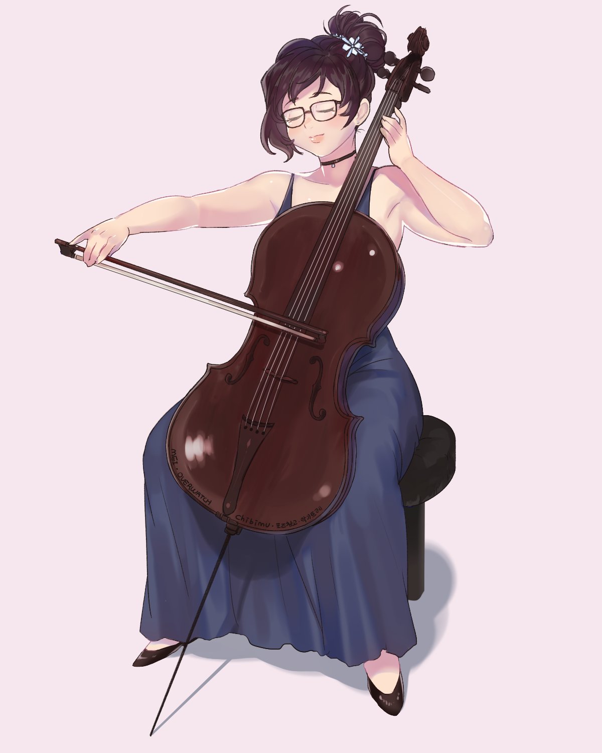 1girl bangs black-framed_eyewear black_shoes blue_dress cello choker closed_eyes closed_mouth dress earrings glasses hair_bun hair_ornament high_heels highres instrument jewelry lips mei_(overwatch) music overwatch pink_lips playing_instrument shoes sleeveless sleeveless_dress snowflake_hair_ornament solo stud_earrings
