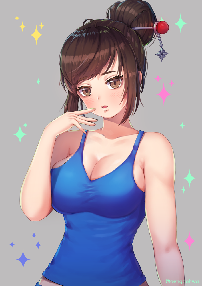 1girl breasts brown_eyes brown_hair cleavage grey_background hair_ornament hair_stick hanato_(seonoaiko) large_breasts long_hair looking_at_viewer mei_(overwatch) no_glasses overwatch short_hair solo sparkle twitter_username