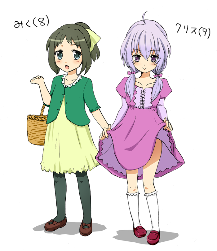 2girls :o arm_up basket black_legwear blue_eyes blush bow brown_shoes buttons collarbone cross-laced_clothes dress dress_lift eyebrows eyebrows_visible_through_hair full_body green_hair hair_bow hair_over_shoulder half_updo holding_dress kneehighs kohinata_miku lace-trimmed_collar lace-trimmed_kneehighs lavender_hair long_sleeves looking_at_viewer multiple_girls open_mouth pantyhose pink_bow pink_dress puffy_short_sleeves puffy_sleeves red_shoes senki_zesshou_symphogear shoes short_sleeves sleeves_past_elbows smile standing text twintails upskirt violet_eyes white_background white_legwear younger yukine_chris