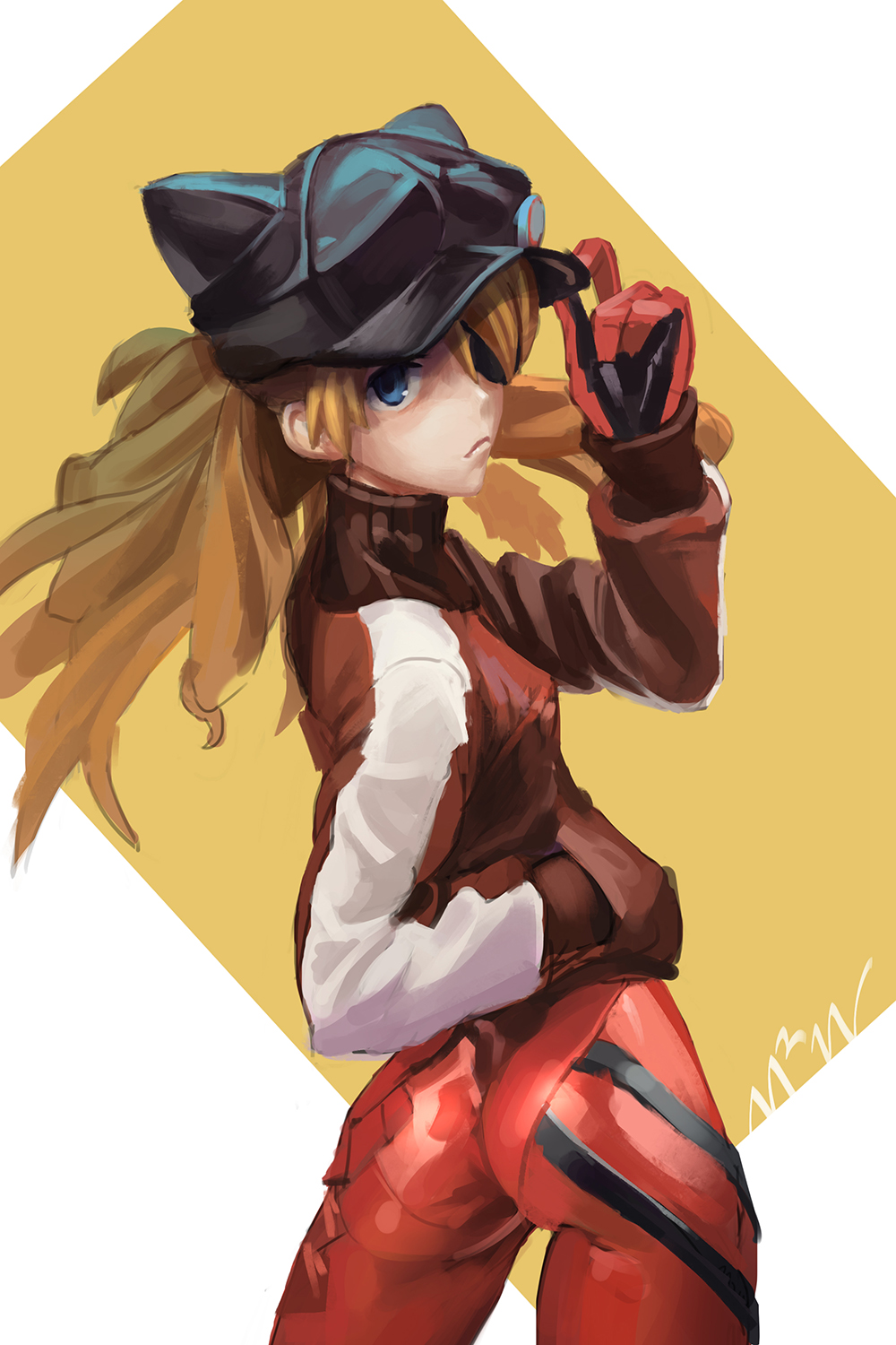 animal_hat bodysuit bracer cat_hat evangelion:_3.0_you_can_(not)_redo eyepatch hat highres jacket looking_back neon_genesis_evangelion orange_hair pilot_suit plugsuit rebuild_of_evangelion shikinami_asuka_langley souryuu_asuka_langley track_jacket