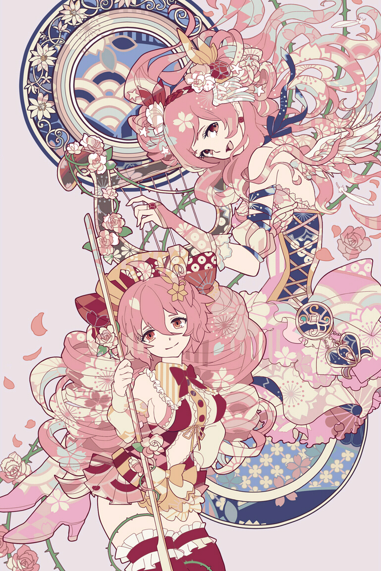 2girls :d bourbone bow drill_hair floral_print flower hair_bow hair_flower hair_ornament hairband hat inishie_no_megami_to_houseki_no_ite long_hair looking_at_viewer lyre multiple_girls open_mouth pink_eyes pink_hair plant rose smile staff star_hair_ornament thorns vines