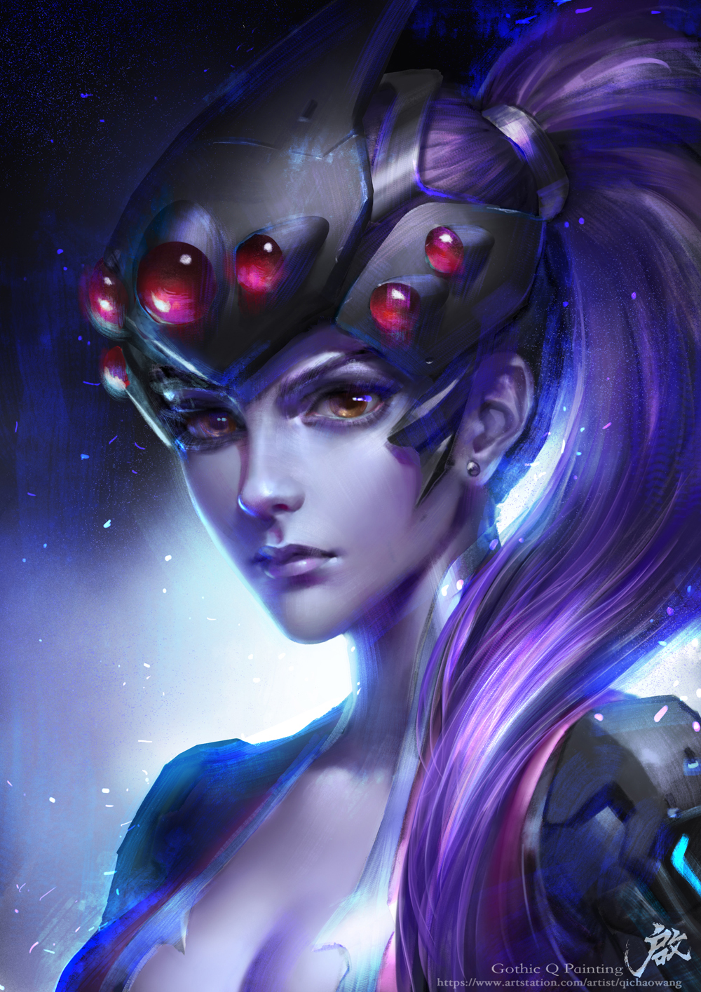 1girl artist_name bodysuit breasts center_opening cleavage earrings ears expressionless head_mounted_display highres jewelry lips long_hair looking_at_viewer nose overwatch ponytail purple_hair purple_skin qichao_wang solo stud_earrings upper_body watermark web_address widowmaker_(overwatch) yellow_eyes