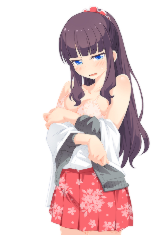 1girl akage bare_shoulders blue_eyes blush bra brown_hair cherry_print floral_print fruit_print long_hair looking_at_viewer new_game! open_mouth pink_bra ponytail scrunchie solo takimoto_hifumi underwear undressing