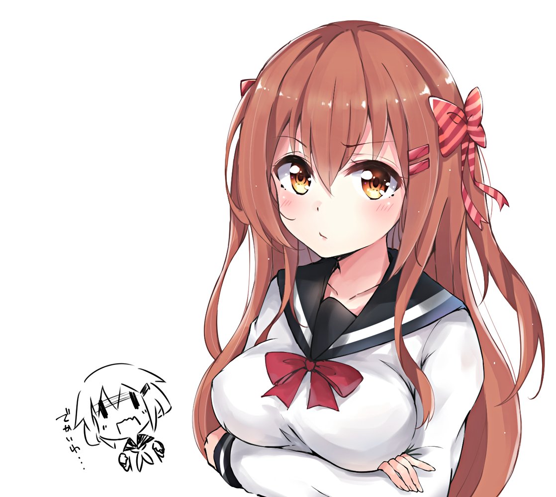 1girl :/ alternate_breast_size alternate_hair_length alternate_hairstyle blush bow breasts brown_eyes brown_hair closed_mouth colis_(regunm772) collarbone covered_nipples crossed_arms hair_bow hair_ornament hairclip ikazuchi_(kantai_collection) kantai_collection long_hair long_sleeves looking_at_viewer multiple_views partially_colored red_bow sailor_collar shirt striped striped_bow translation_request upper_body white_background white_shirt |_|