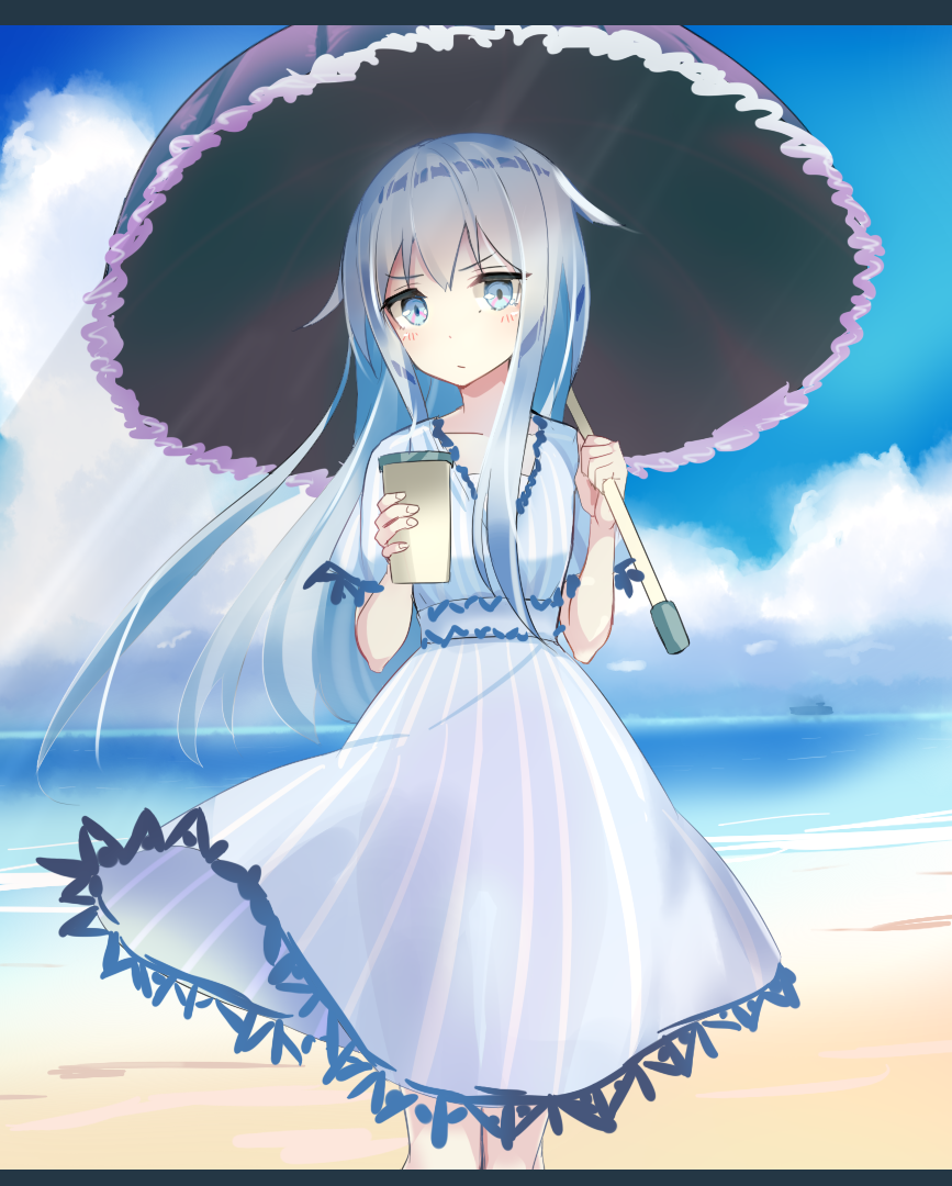 1girl alternate_costume beach blue_dress blue_eyes blue_sky blush clouds cloudy_sky collarbone cup dress hammer_and_sickle heavens_thunder_(byakuya-part2) hibiki_(kantai_collection) holding holding_cup holding_umbrella kantai_collection long_hair looking_at_viewer no_hat outdoors sand short_sleeves silver_hair sky solo umbrella verniy_(kantai_collection) water wind