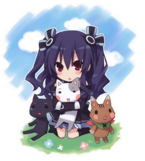 1girl bare_shoulders black_hair blush cat chibi elbow_gloves gloves hair_ornament long_hair looking_at_viewer neptune_(series) open_mouth red_eyes solo tsunako uni_(choujigen_game_neptune)