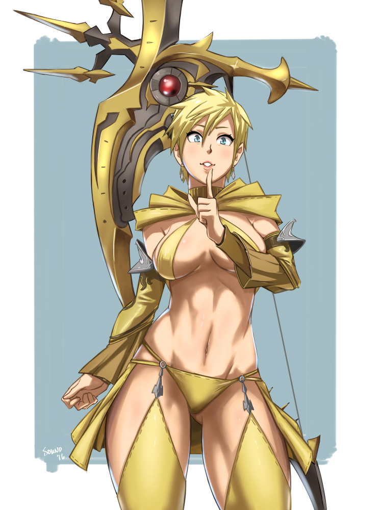 1girl ass_visible_through_thighs bikini blonde_hair blue_eyes bow capelet detached_sleeves final_fantasy final_fantasy_xi finger_to_mouth imdsound looking_at_viewer navel parted_lips short_hair solo swimsuit weapon