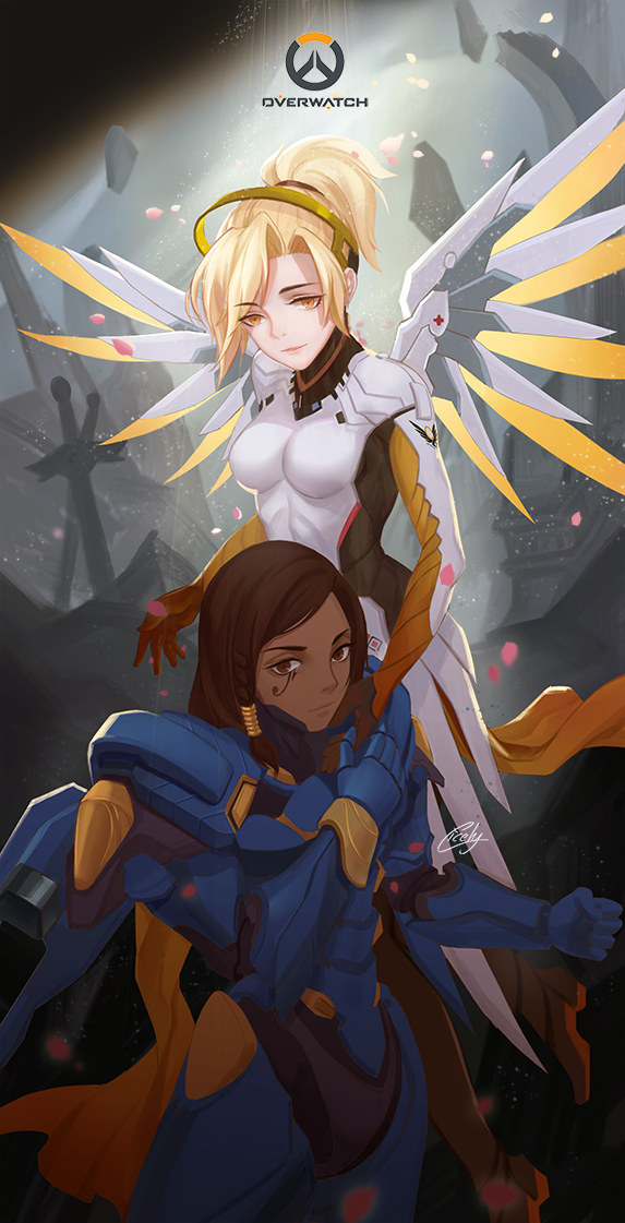 2girls black_hair blonde_hair bodysuit breasts brown_eyes cicely clenched_hand copyright_name dark_skin emblem eye_of_horus facial_mark facial_tattoo gloves hair_tubes high_ponytail lips long_hair looking_at_viewer mechanical_halo mechanical_wings medium_breasts mercy_(overwatch) multiple_girls overwatch pantyhose petals pharah_(overwatch) power_armor staff tattoo wings yellow_eyes