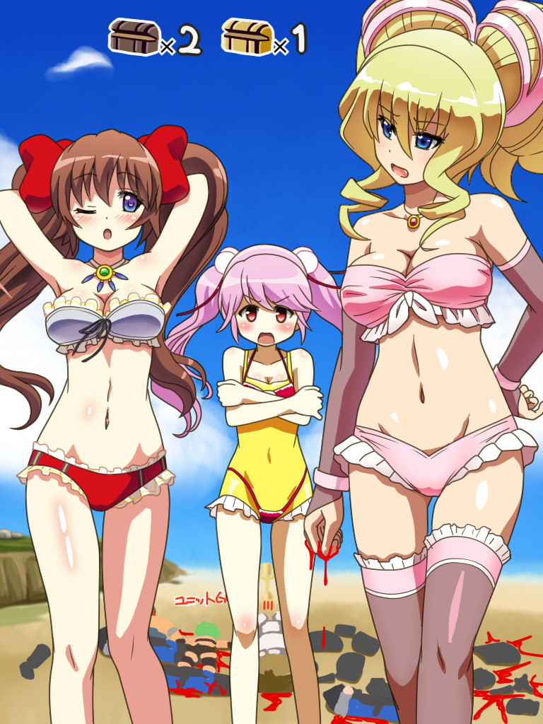 3girls :o arms_behind_head awa bikini blonde_hair blood bloody_hands blue_eyes blush bracelet breasts brown_hair clouds cloudy_sky crossed_arms drill_hair elbow_gloves frilled_bikini frilled_legwear frills gameplay_mechanics gloves hair_bobbles hair_ornament hand_on_hip jewelry layered_swimsuit lilia_(sennen_sensou_aigis) long_hair looking_at_another looking_at_viewer looking_back medium_breasts micro_bikini multiple_girls necklace one_eye_closed outdoors pink_hair pink_legwear sennen_sensou_aigis sherry_(sennen_sensou_aigis) sky small_breasts standing strapless strapless_bikini swimsuit themis_(sennen_sensou_aigis) thigh-highs twin_drills twintails