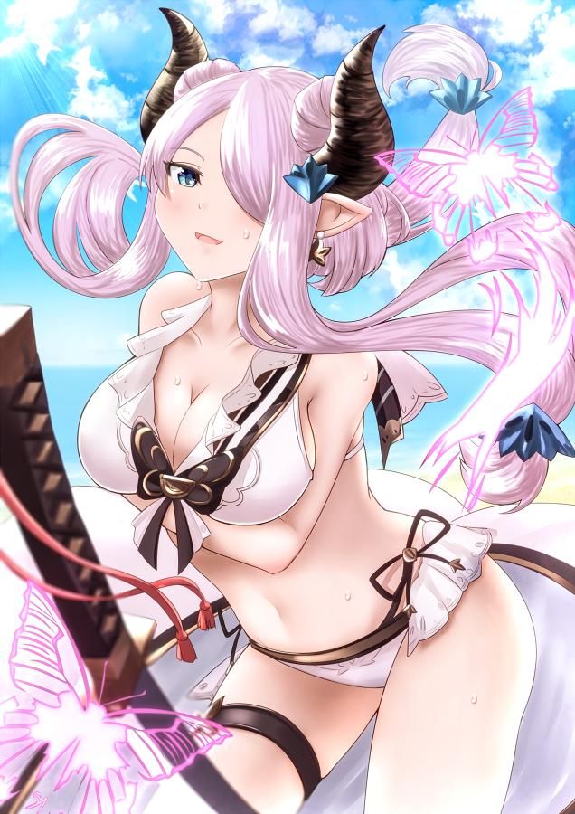 1girl bare_shoulders beach bikini blue_eyes blurry blush breast_hold breasts cleavage collarbone cowboy_shot depth_of_field doraf double_bun earrings granblue_fantasy hair_ornament hair_over_one_eye horns jewelry katana lavender_hair long_hair looking_at_viewer marusan medium_breasts narumeia_(granblue_fantasy) parted_lips pointy_ears smile solo sweat swimsuit sword thigh_strap unsheathed weapon white_bikini