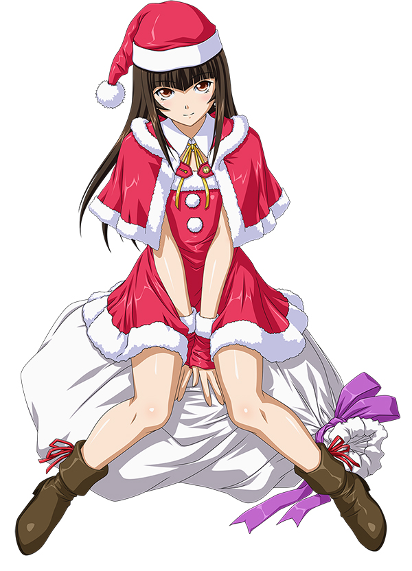 1girl between_legs brown_eyes brown_hair dress earrings fingerless_gloves gift_bag gloves hand_between_legs hat ikkitousen jewelry long_hair magatama_earrings purple_ribbon red_dress red_gloves red_hat red_ribbon ribbon santa_costume santa_hat simple_background sitting smile solo ten'i_(ikkitousen) white_background