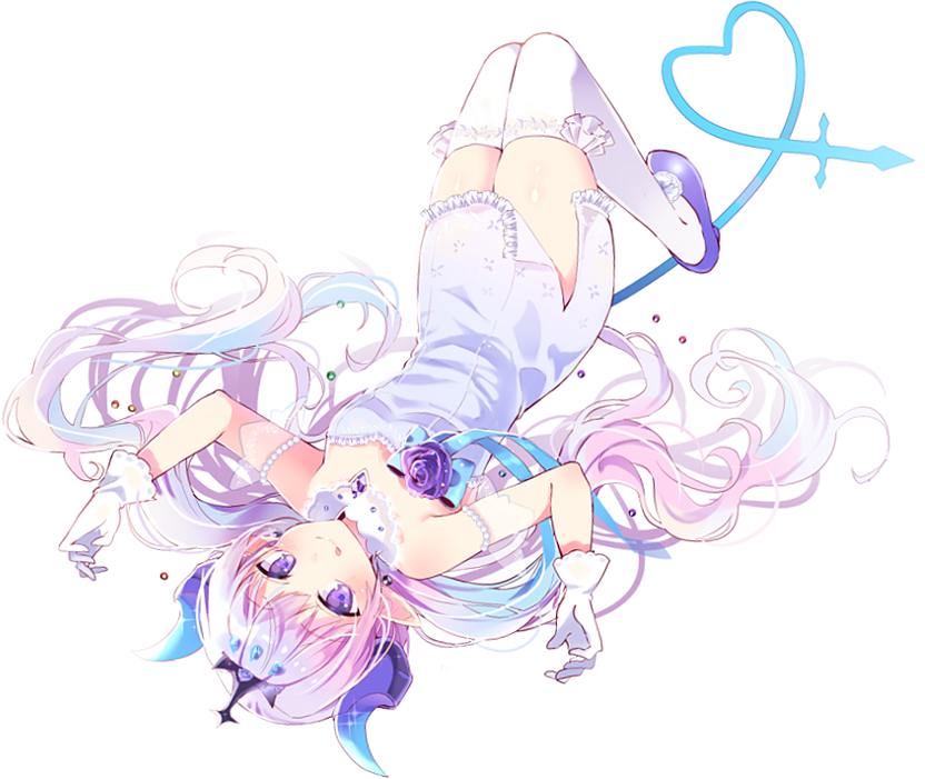 1girl :q bare_shoulders blue_eyes blue_rose blue_shoes crown dress elsword flower gloves horns long_hair looking_at_viewer luciela_r._sourcream noblesse_(elsword) pinb rose shoes side_slit skirt smile solo strapless strapless_dress tail thigh-highs tongue tongue_out twintails upside-down white white_background white_gloves white_hair white_legwear white_skirt