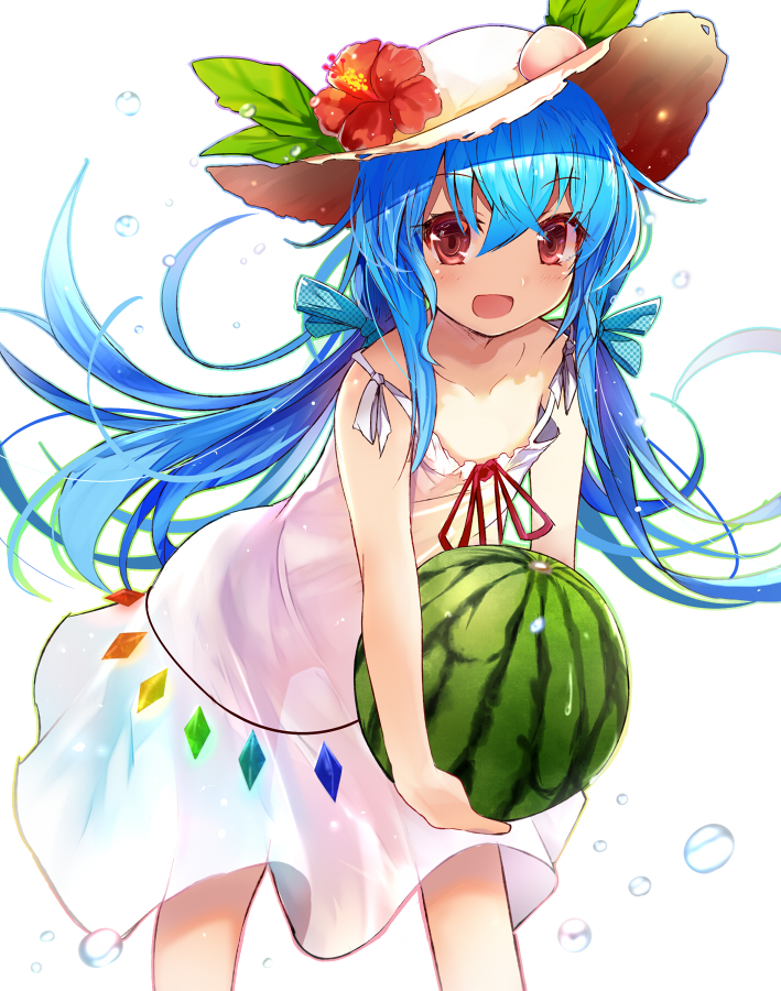 1girl blue_hair blush bubble collarbone dress efe eyebrows eyebrows_visible_through_hair flower food fruit hat hat_flower hibiscus hinanawi_tenshi long_hair looking_at_viewer open_mouth peach red_eyes simple_background smile solo standing sun_hat sundress touhou watermelon white_background white_dress