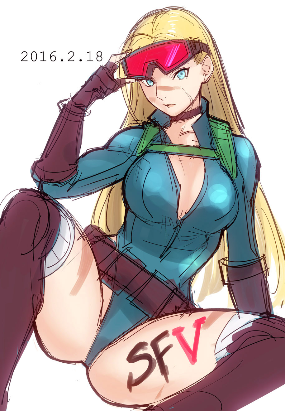 1girl adjusting_goggles alternate_costume alternate_hairstyle backpack bag blonde_hair blue_eyes breasts cammy_white choker cleavage fingerless_gloves gloves hair_down highres leotard long_hair long_sleeves looking_at_viewer red_goggles solo street_fighter street_fighter_v tetsu_(kimuchi) unzipped