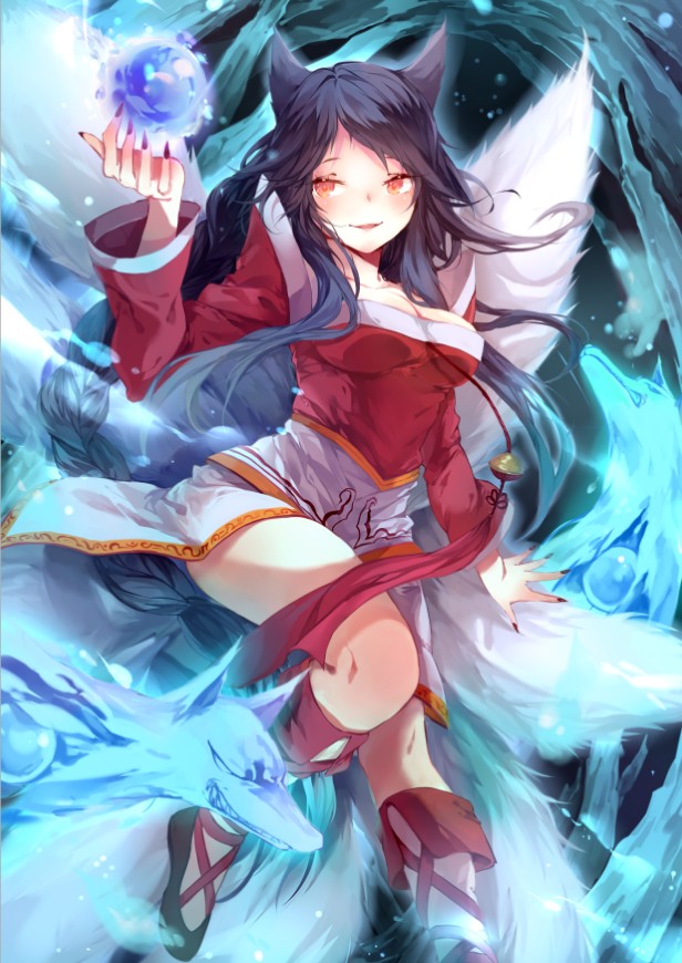 1girl ahri alternate_hair_color animal_ears bare_shoulders black_hair breasts cleavage detached_sleeves energy_ball fingernails fox fox_ears fox_tail korean_clothes koyuiko large_breasts league_of_legends long_hair looking_at_viewer multiple_tails nail_polish slit_pupils solo tail yellow_eyes