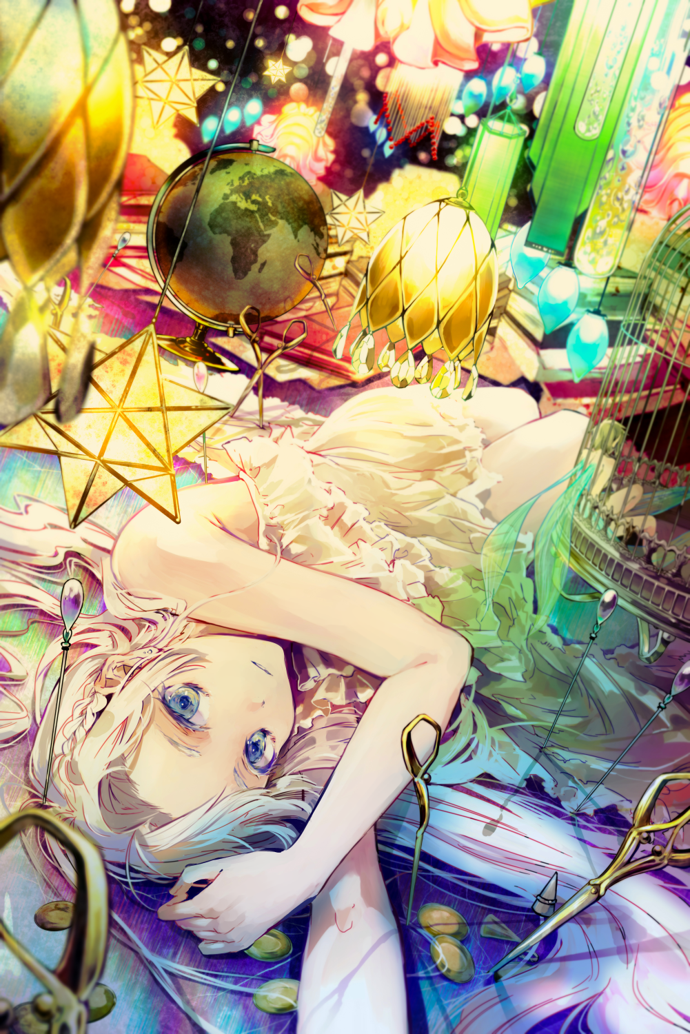 1girl birdcage blonde_hair blue_eyes book cage chandelier coin globe highres long_hair looking_at_viewer lying md5_mismatch nozaki_tsubata on_back original solo very_long_hair