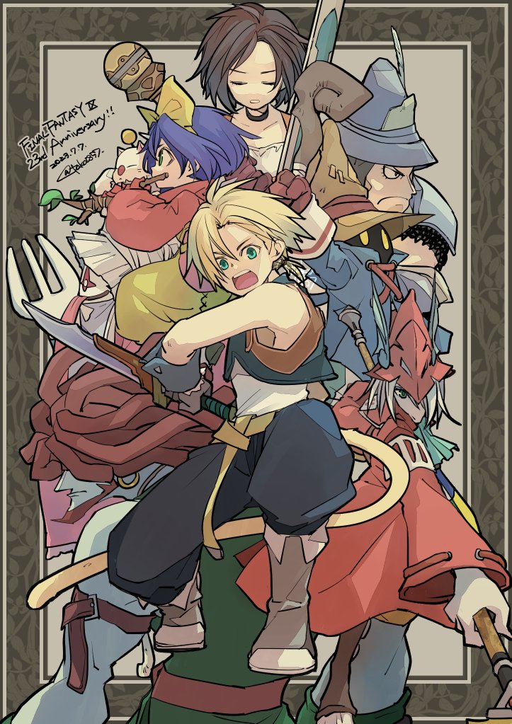 1other 3girls 4boys adelbert_steiner arm_belt armor black_choker black_mage blonde_hair blue_coat blue_hair blue_pants blue_vest boots bow brown_hair burmecian chef_hat chinstrap_beard choker closed_eyes coat cropped_vest dreadlocks earrings eiko_carol everyone facial_hair fighting_stance final_fantasy final_fantasy_ix fork freija_crescent garnet_til_alexandros_xvii gloves green_vest grey_footwear grey_gloves grey_hair hair_bow hair_over_eyes hat hat_feather helmet holding holding_polearm holding_staff holding_sword holding_weapon hoop_earrings horns instrument jewelry long_hair low_ponytail moogle mouse_girl multiple_boys multiple_girls music pants plate_armor playing_instrument polearm quina_quen red_coat red_gloves redhead salamander_coral shirt short_hair shoulder_armor single_horn sleeveless sleeveless_shirt squatting staff sword takase_toho tongue tongue_out vest vivi_ornitier weapon white_shirt winged_helmet wizard_hat yellow_bow yellow_eyes zidane_tribal