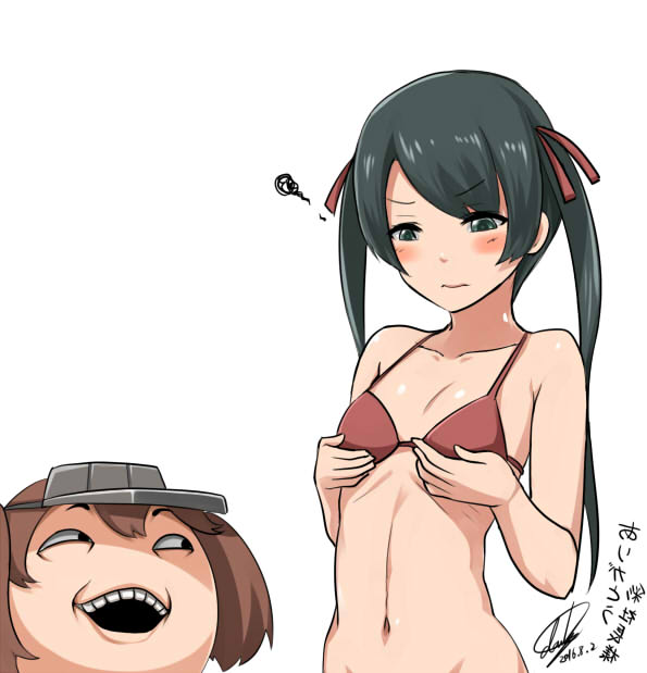 2016 2girls bangs bare_arms bikini black_hair blush breast_hold breasts brown_hair closed_mouth collarbone darkmaya dated disappointed eyebrows eyebrows_visible_through_hair groin hair_ribbon kantai_collection long_hair looking_at_another meme mikuma_(kantai_collection) multiple_girls navel open_mouth red_bikini red_bikini_top ribbon ribs ryuujou_(kantai_collection) shade signature simple_background small_breasts squiggle stomach swimsuit teeth translation_request twintails visor_cap white_background