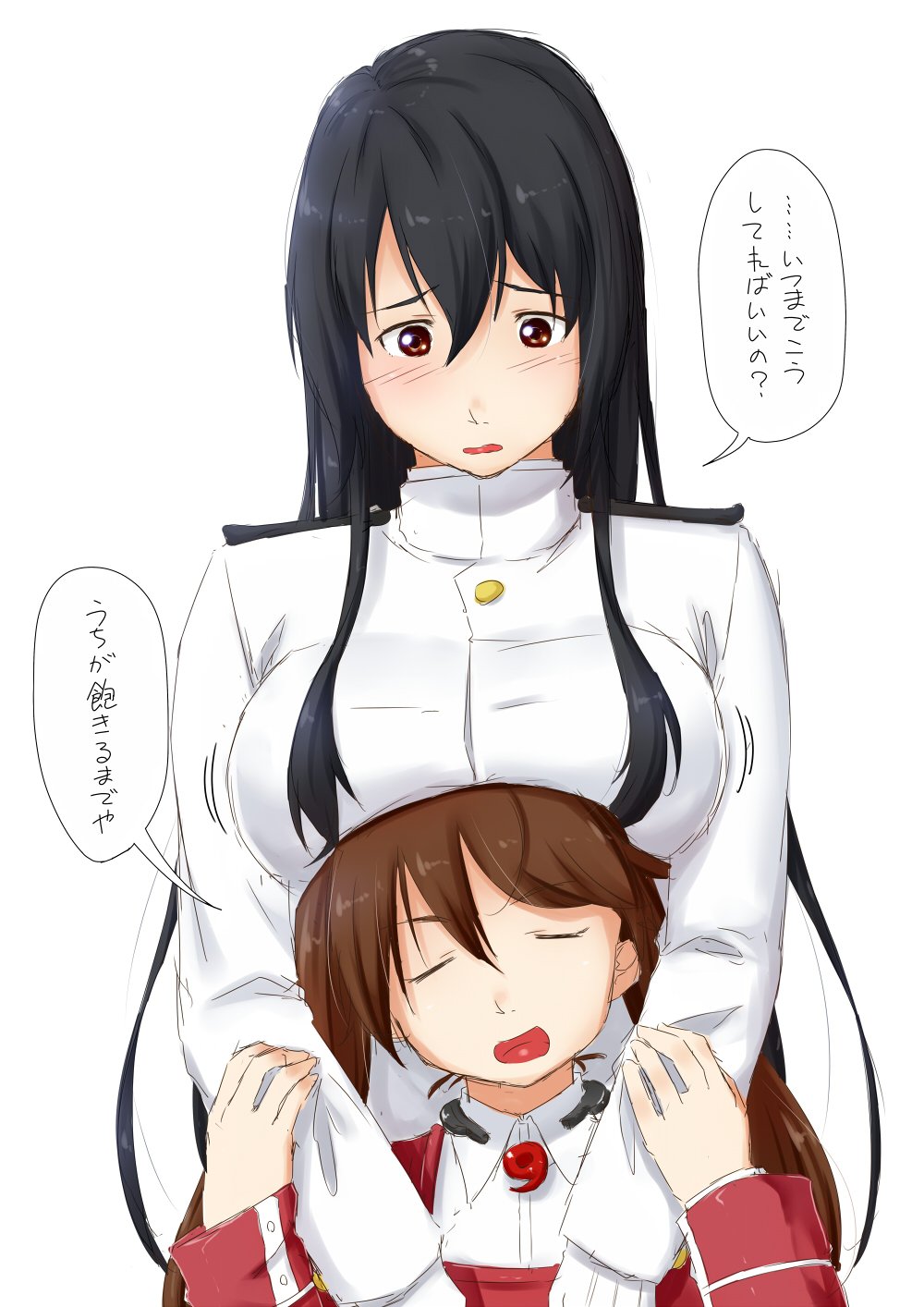 2girls bangs black_hair blush breast_rest breasts breasts_on_head brown_eyes brown_hair closed_eyes commentary_request epaulettes gloves hands_on_another's_chest hands_on_another's_wrists highres japanese_clothes kantai_collection kariginu large_breasts long_hair magatama military military_uniform multiple_girls niwatazumi open_mouth ryuujou_(kantai_collection) sidelocks sketch tatebayashi_sakurako translation_request twintails uniform