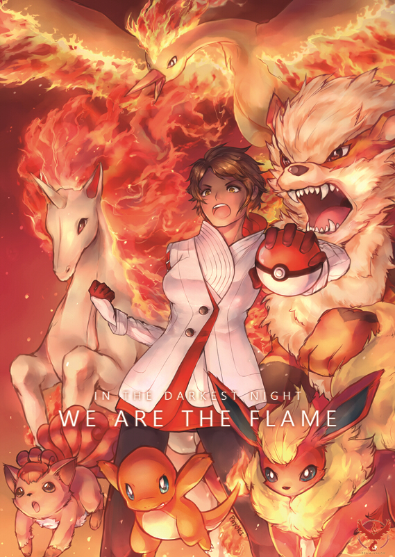 1girl arcanine black_legwear brown_hair candela_(pokemon) charmander clenched_hand dark_skin english fire flareon gloves holding holding_poke_ball moltres open_mouth pantyhose payoki poke_ball pokemon pokemon_(creature) pokemon_go rapidash short_hair vulpix