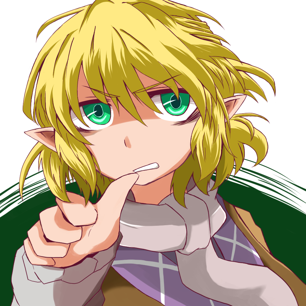 1girl arm_warmers artist_request bags_under_eyes blonde_hair face green_eyes looking_at_viewer mizuhashi_parsee pointy_ears scarf solo thumb_to_mouth touhou