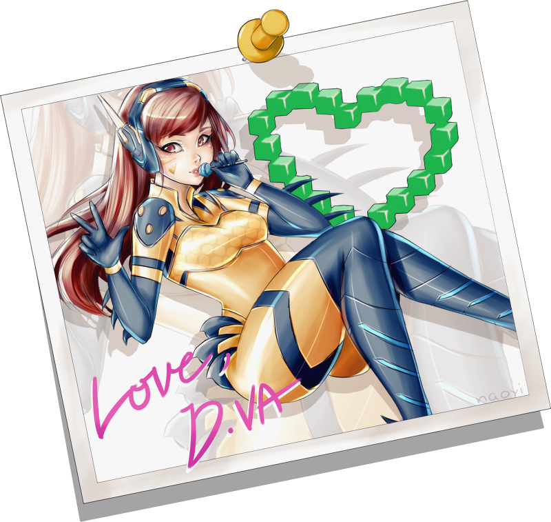 1girl alternate_costume alternate_hairstyle artist_name bodysuit breasts brown_eyes brown_hair candy d.va_(overwatch) facial_mark gloves hair_bun headphones heart junebug_d.va knees_together_feet_apart lollipop long_hair looking_at_viewer medium_breasts naoyi overwatch parted_lips photo_(object) pilot_suit pixel_heart signature solo thumbtack transparent_background whisker_markings zoom_layer