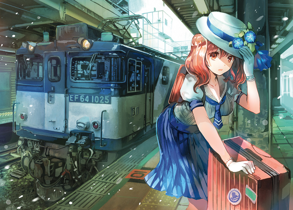 1girl collarbone flower gloves ground_vehicle hat hat_flower long_hair orange_eyes orange_hair original pleated_skirt puffy_sleeves rioka_(southern_blue_sky) sailor_collar short_sleeves skirt solo suitcase train twintails