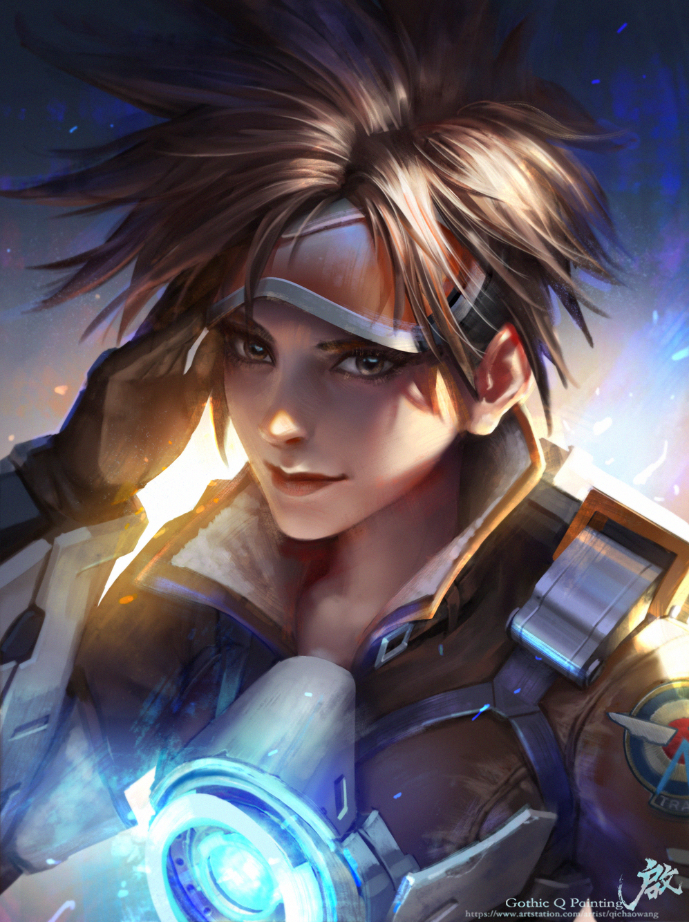 1girl adjusting_goggles artist_name bodysuit bomber_jacket brown_eyes brown_hair emblem gloves goggles highres jacket light_smile looking_at_viewer overwatch patch qichao_wang short_hair signature solo tracer_(overwatch) upper_body watermark web_address
