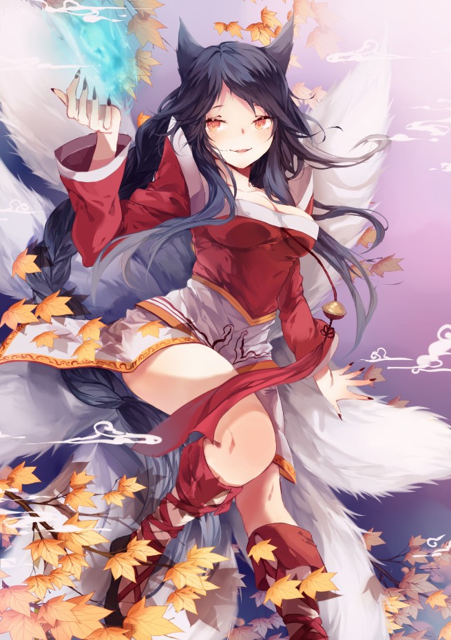 1girl ahri alternate_hair_color animal_ears autumn_leaves bare_shoulders black_hair breasts cleavage detached_sleeves energy_ball fingernails fox_ears fox_tail korean_clothes koyuiko large_breasts leaf league_of_legends long_hair looking_at_viewer multiple_tails nail_polish slit_pupils solo tail yellow_eyes