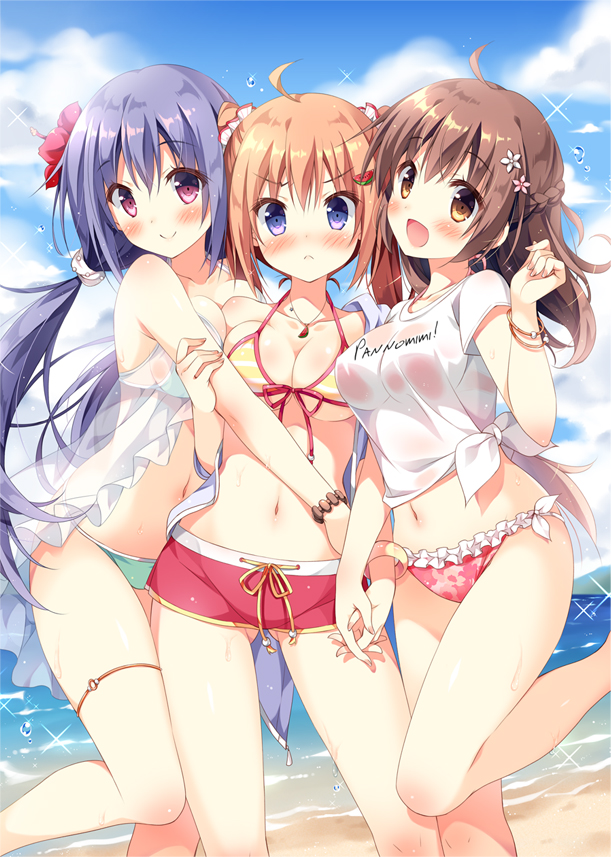 &gt;:( 3girls :d ahoge aqua_bikini arm_at_side ass_visible_through_thighs bangs bare_arms bare_legs bare_shoulders beach between_breasts bikini bikini_shorts bikini_under_clothes blue_hair blush bracelet braid breast_press breasts brown_eyes brown_hair cleavage closed_mouth clothes_writing collarbone drawstring eyebrows eyebrows_visible_through_hair flower food_themed_hair_ornament frilled_bikini frills front-tie_bikini front-tie_top girl_sandwich hair_flower hair_ornament hair_scrunchie halter_top halterneck hand_on_another's_arm hibiscus holding_arm holding_hands hug jacket jewelry leg_up legs_apart long_hair looking_at_viewer low_twintails medium_breasts multiple_girls navel necklace ocean off_shoulder open_clothes open_jacket open_mouth orange_hair original outdoors pan_(mimi) pendant red_bikini red_eyes red_flower red_shorts sandwiched scrunchie see-through shirt shore short_sleeves shorts side-tie_shirt sky smile sparkle standing standing_on_one_leg stomach string_bikini striped striped_bikini summer swimsuit t-shirt thighlet tied_shirt twintails under_boob very_long_hair water_drop watermelon_hair_ornament wet white_jacket white_shirt