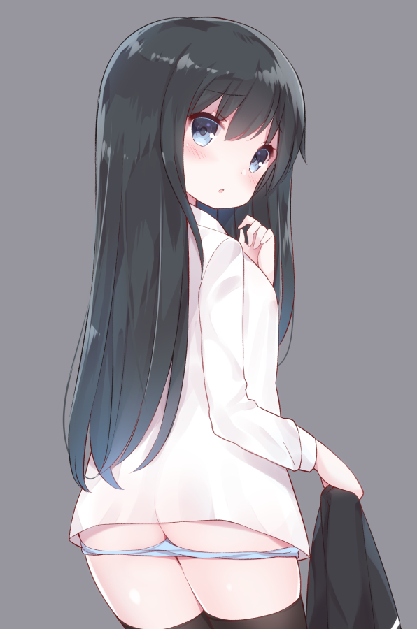 1girl asashio_(kantai_collection) ass black_hair black_legwear blue_eyes blush kantai_collection long_hair panties panty_pull simple_background solo thigh-highs underwear undressing watanohara