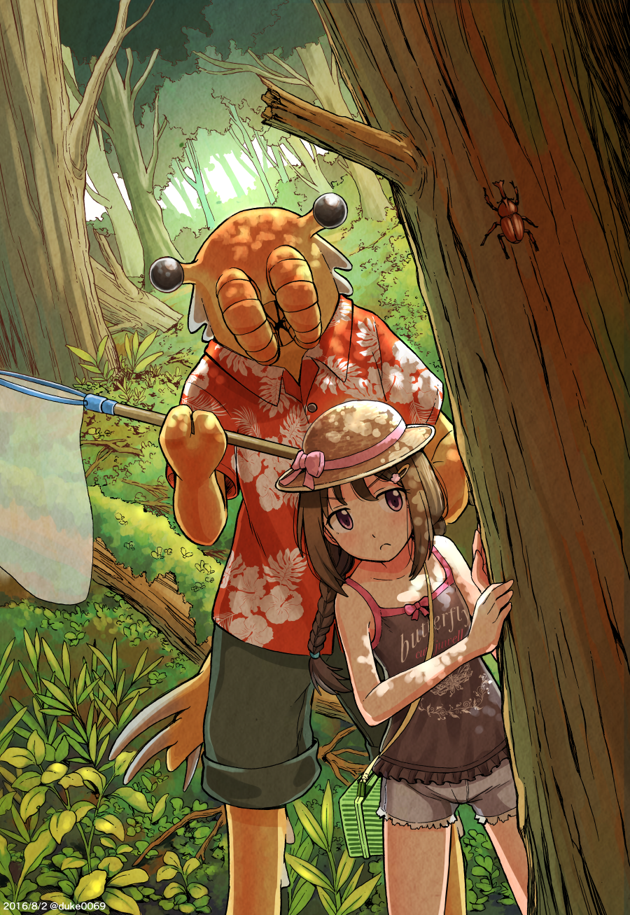 &gt;:( 1girl anomalocaris beetle black_shirt blue_shorts brown_eyes brown_hair butterfly_net closed_mouth clothes_writing collared_shirt duke_(kimurasun) dutch_angle english hair_ornament hairclip hand_net hat hawaiian_shirt highres holding original outdoors personification plant red_shirt shirt shorts sleeveless sleeveless_shirt standing sun_hat tree wing_collar