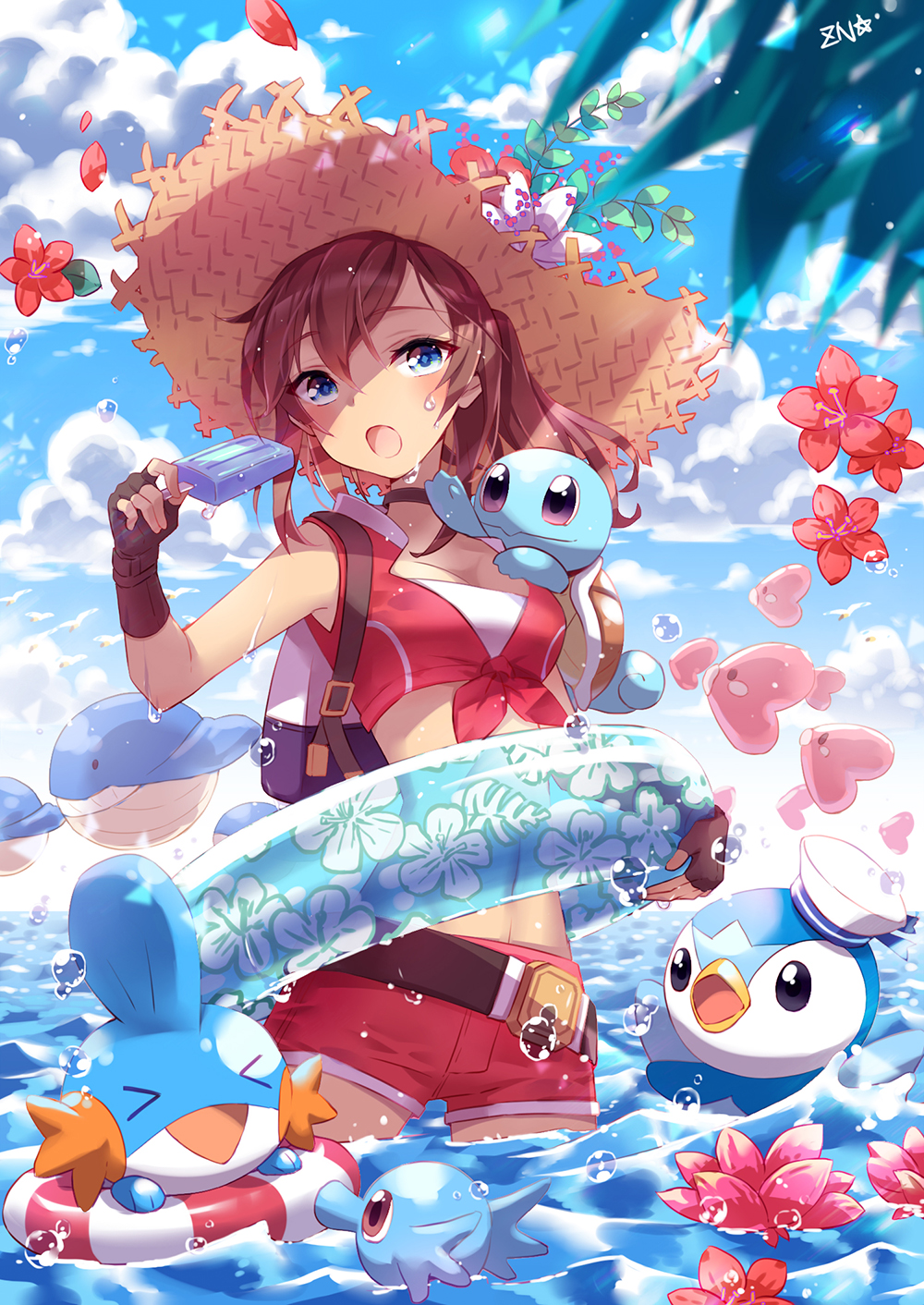 &gt;_&lt; 1girl :o adapted_costume animal animal_on_shoulder backpack bag bangs belt black_gloves blue_eyes blue_sky blurry breasts brown_hair choker closed_eyes crop_top depth_of_field female_protagonist_(pokemon_go) flower food front-tie_top gloves hat hat_flower highres holding holding_food horsea innertube lifebuoy long_hair looking_at_viewer luvdisc medium_breasts midriff mudkip ocean piplup pokemon pokemon_(creature) pokemon_go ponytail popsicle red_flower red_shorts shade shorts signature sky sleeveless squirtle standing straw_hat summer swept_bangs wading wailmer wet wingull zenyu