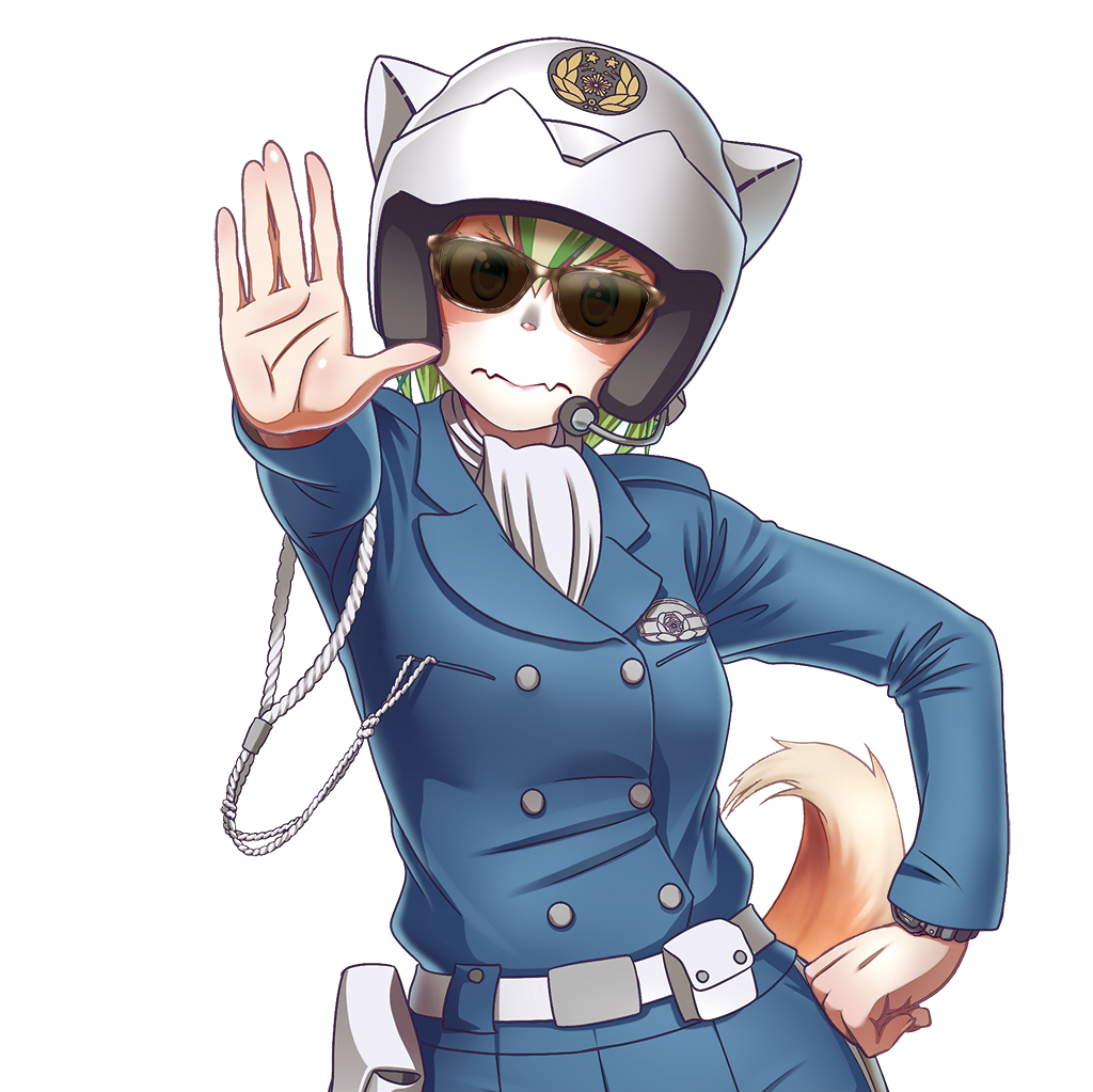 1girl animal_ears green_eyes green_hair helmet mascot short_hair sunglasses tail tewatasanaiinu uniform watch watch wokada