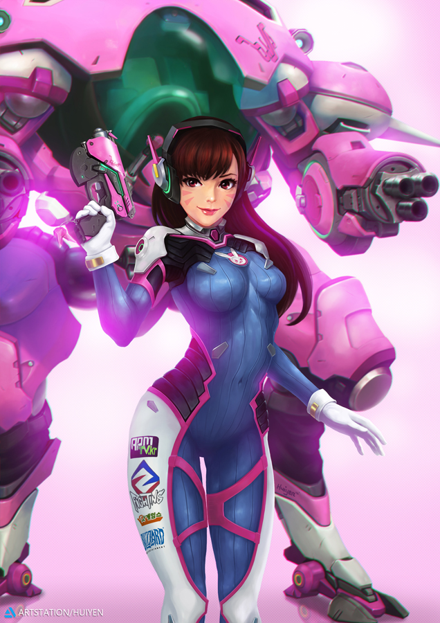 1girl acronym arched_back ass bangs bodysuit boots bracer breasts brown_eyes brown_hair bubble_blowing bubblegum cowboy_shot cube d.va_(overwatch) eyebrows eyebrows_visible_through_hair facepaint facial_mark from_behind gloves gum gun hand_up handgun headphones heart heart-shaped_pupils holding holding_gun holding_weapon hologram legs_apart long_hair long_sleeves looking_at_viewer looking_back mecha meka_(overwatch) overwatch pauldrons pilot_suit ribbed_bodysuit shoulder_pads skin_tight sky solo space star_(sky) starry_sky symbol-shaped_pupils thigh-highs thigh_boots thigh_strap turtleneck weapon whisker_markings white_boots white_gloves
