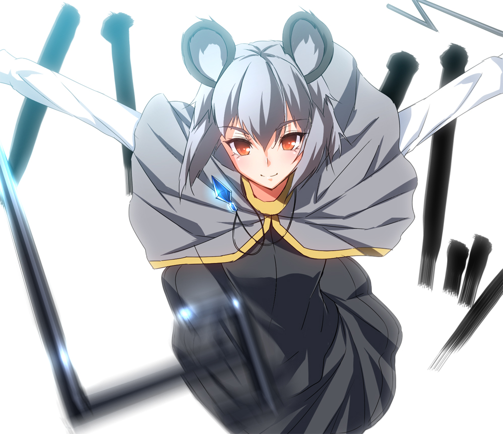 &gt;:) 1girl animal_ears black_dress blurry blush capelet depth_of_field dowsing_rod dress dual_wielding grey_hair jewelry long_sleeves looking_at_viewer mouse_ears nakajou nazrin outstretched_arms pendant red_eyes short_hair smile solo spread_arms touhou white_background