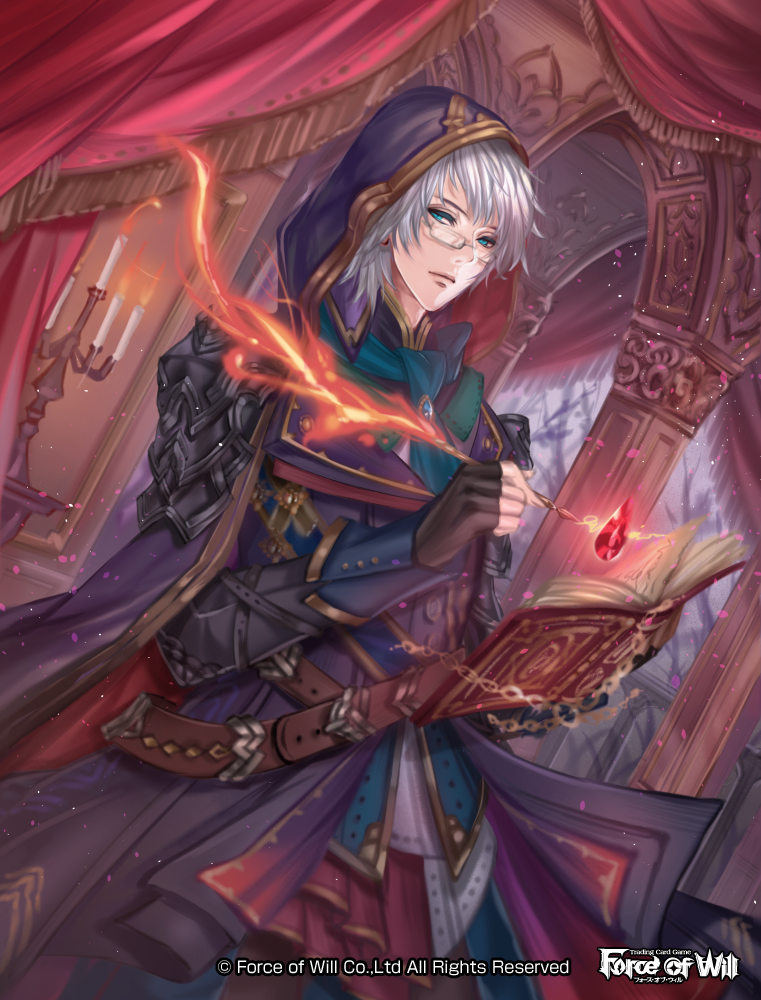 1boy arch banamons belt blue_eyes book candle candlestand chain copyright_name dutch_angle fingerless_gloves fire flame force_of_will gem glasses gloves hood inside looking_at_viewer open_book watermark white_hair