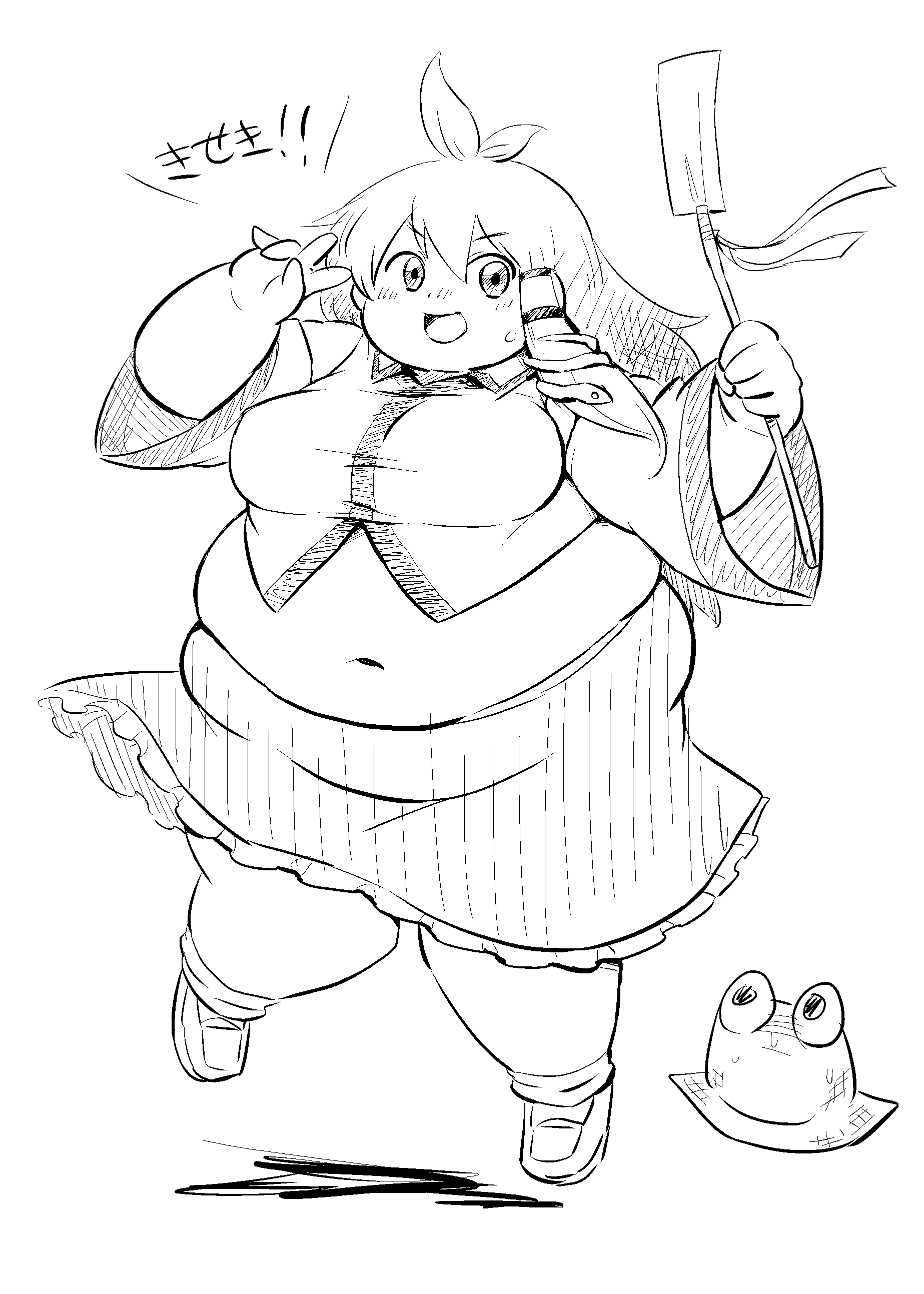 1girl :d absurdres antenna_hair big_belly breasts detached_sleeves fat flying hair_ornament highres kochiya_sanae large_breasts loafers long_hair looking_at_viewer meat_day monochrome navel nazotyu obese oonusa open_mouth pyonta shoes sketch skirt smile snake_hair_ornament socks solo sweat sweatdrop touhou undersized_clothes v v_over_eye vest wide-eyed