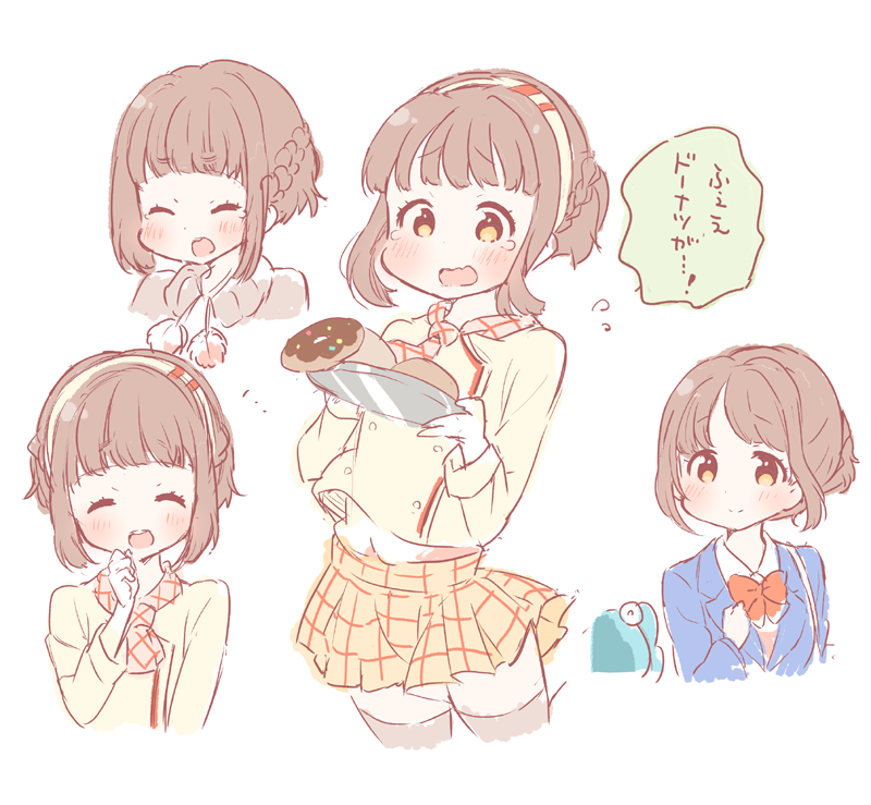 1girl :d ^_^ bangs blunt_bangs blush bow bowtie braid brown_eyes brown_hair closed_eyes double-breasted doughnut dropping flying_sweatdrops food french_braid hairband hand_on_own_chest hand_to_own_mouth multiple_persona neckerchief open_mouth pom_pom_(clothes) saku_usako_(rabbit) sidelocks simple_background sketch smile tears tokyo_7th_sisters tray tsunomori_rona waitress wavy_mouth white_background